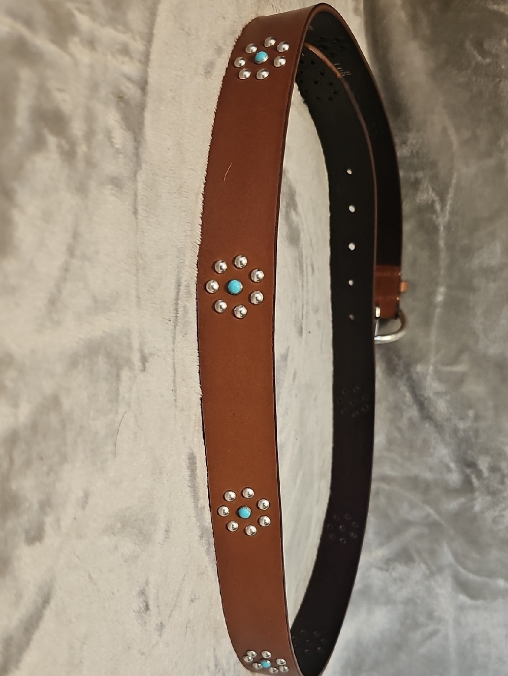NWOT JJill Brown Leather Turquoise Studded Belt XL - Picture 3 of 6